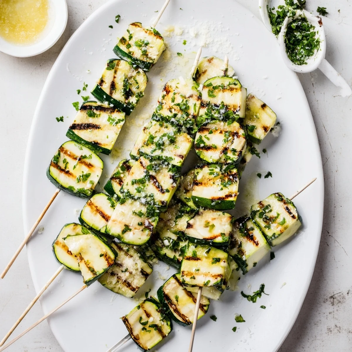 Easy garlic butter zucchini skewers garnished with Parmesan and chopped green parsley
