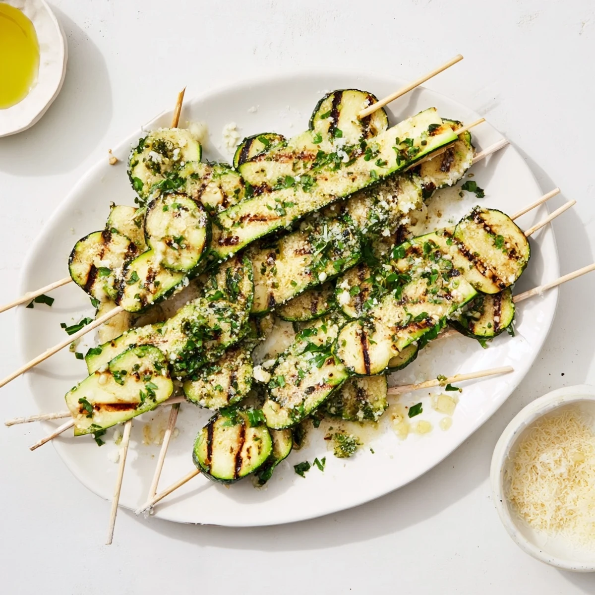 Tender zucchini rounds on skewers with rich garlic butter glaze and charred grill marks