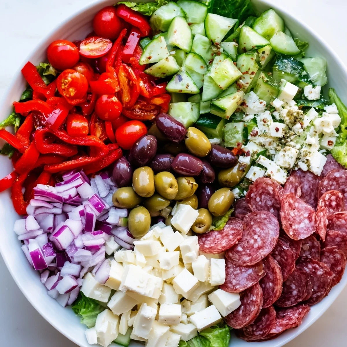 Colorful bowl of Italian chopped salad with crisp vegetables, salami, and mozzarella cheese tossed in zesty homemade dressing