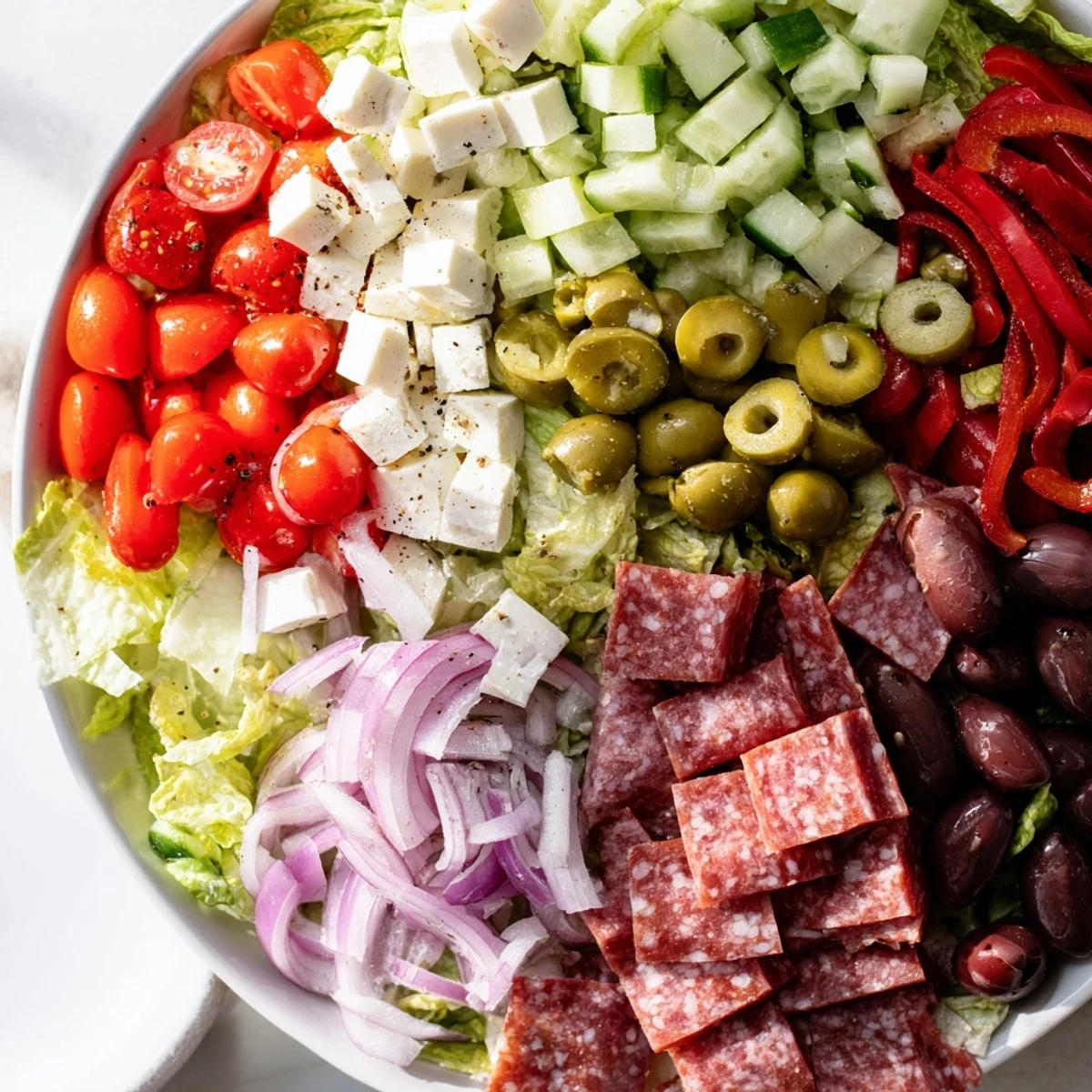 Hearty Italian chopped salad arranged with Genoa salami, roasted red peppers, and cubed mozzarella in a white serving bowl