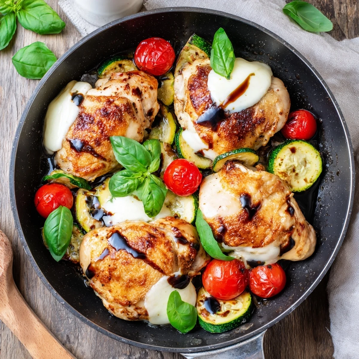 Colorful skillet meal showing Caprese chicken with zucchini, cherry tomatoes, basil, and melted mozzarella cheese