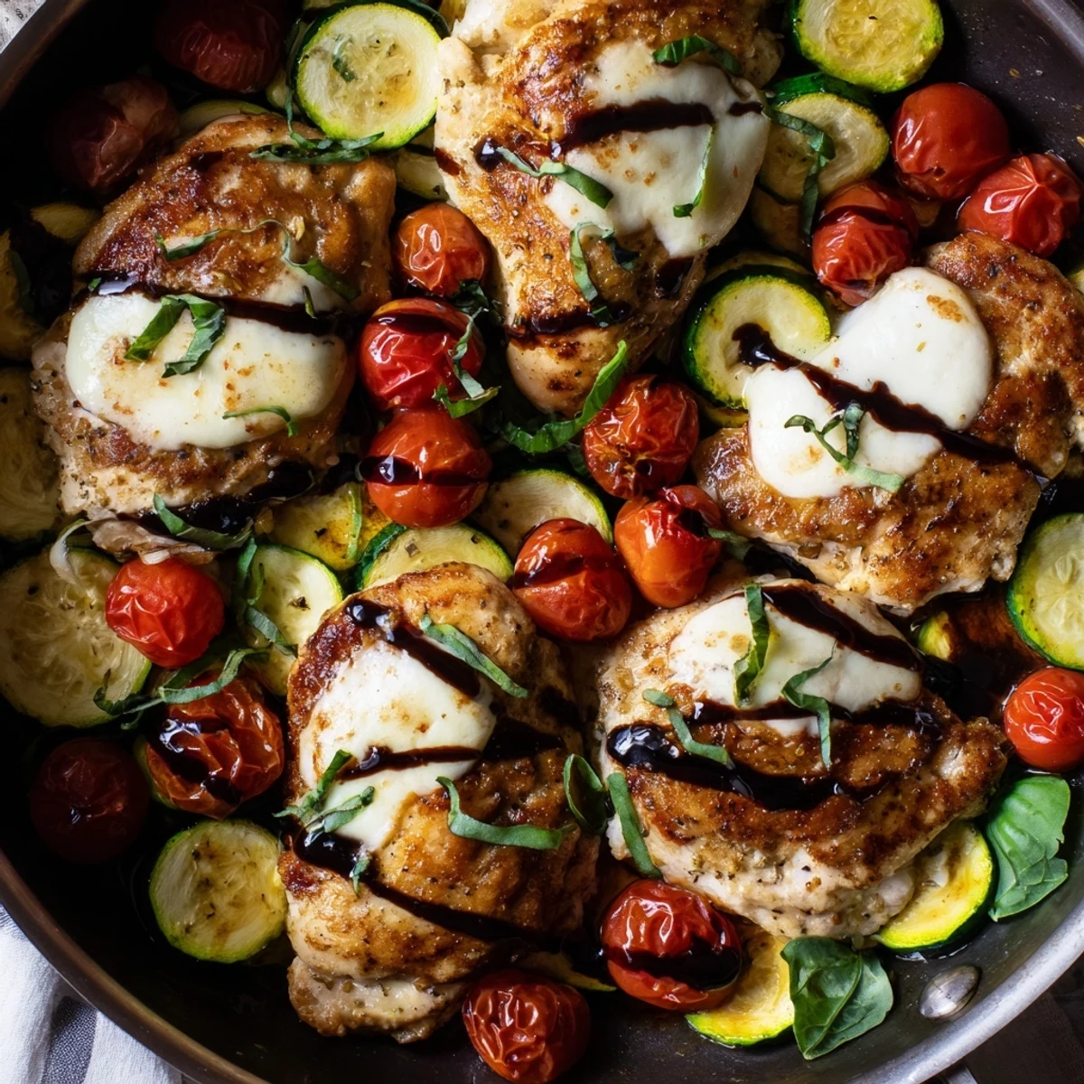 Golden brown chicken breasts topped with melted mozzarella and nestled with zucchini in a Caprese chicken skillet