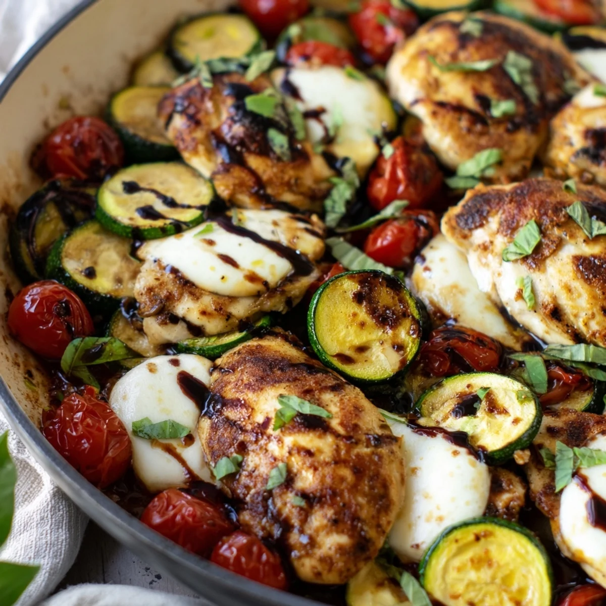 One-pan Caprese chicken skillet featuring juicy chicken, fresh zucchini, tomatoes, and bubbling mozzarella cheese