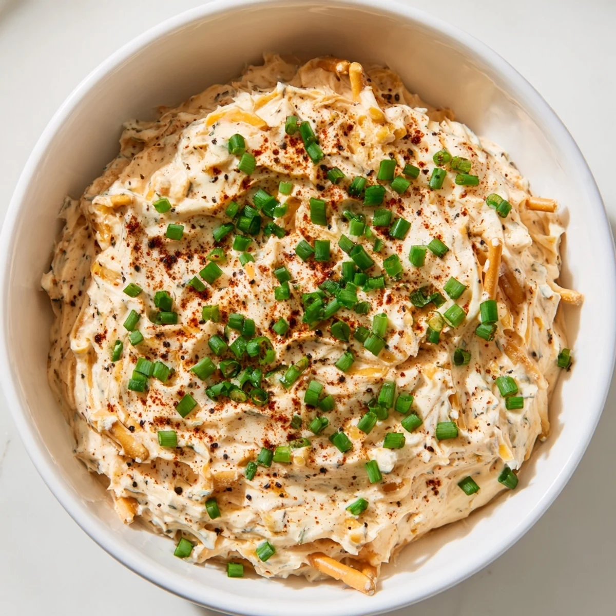 Golden sharp cheddar savory pretzel dip garnished with green onions for party appetizers