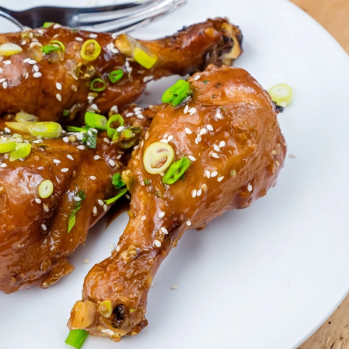 Glossy Slow Cooker Asian glazed chicken drumsticks coated in rich caramelized sauce and garnished with sesame seeds