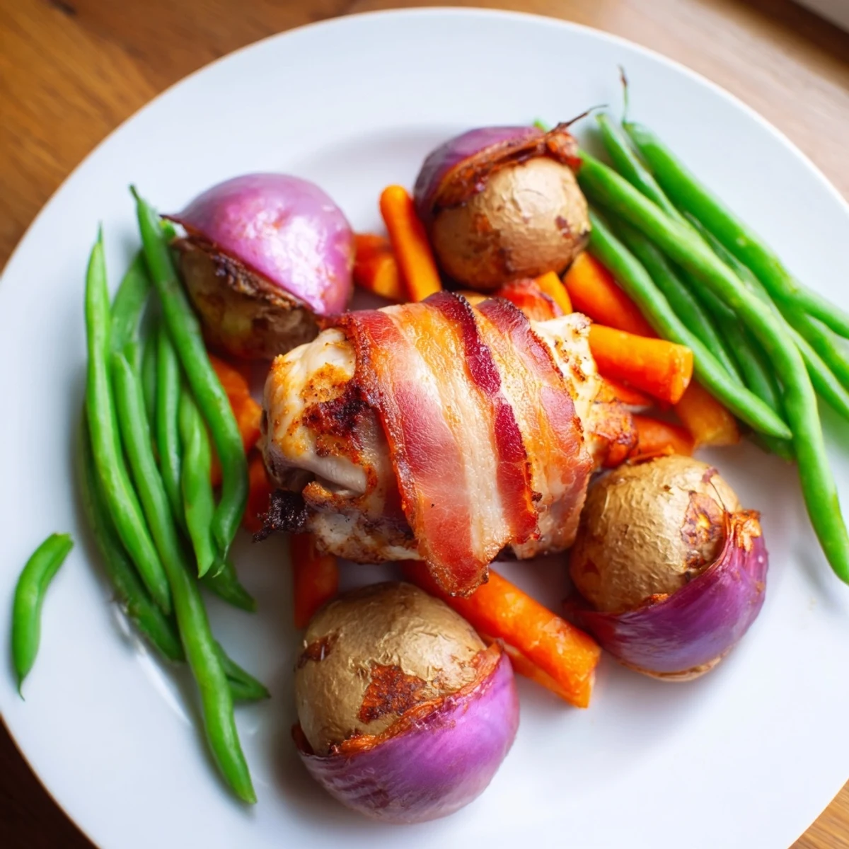 Golden bacon wrapped chicken thighs roasted with colorful vegetables on a large baking sheet