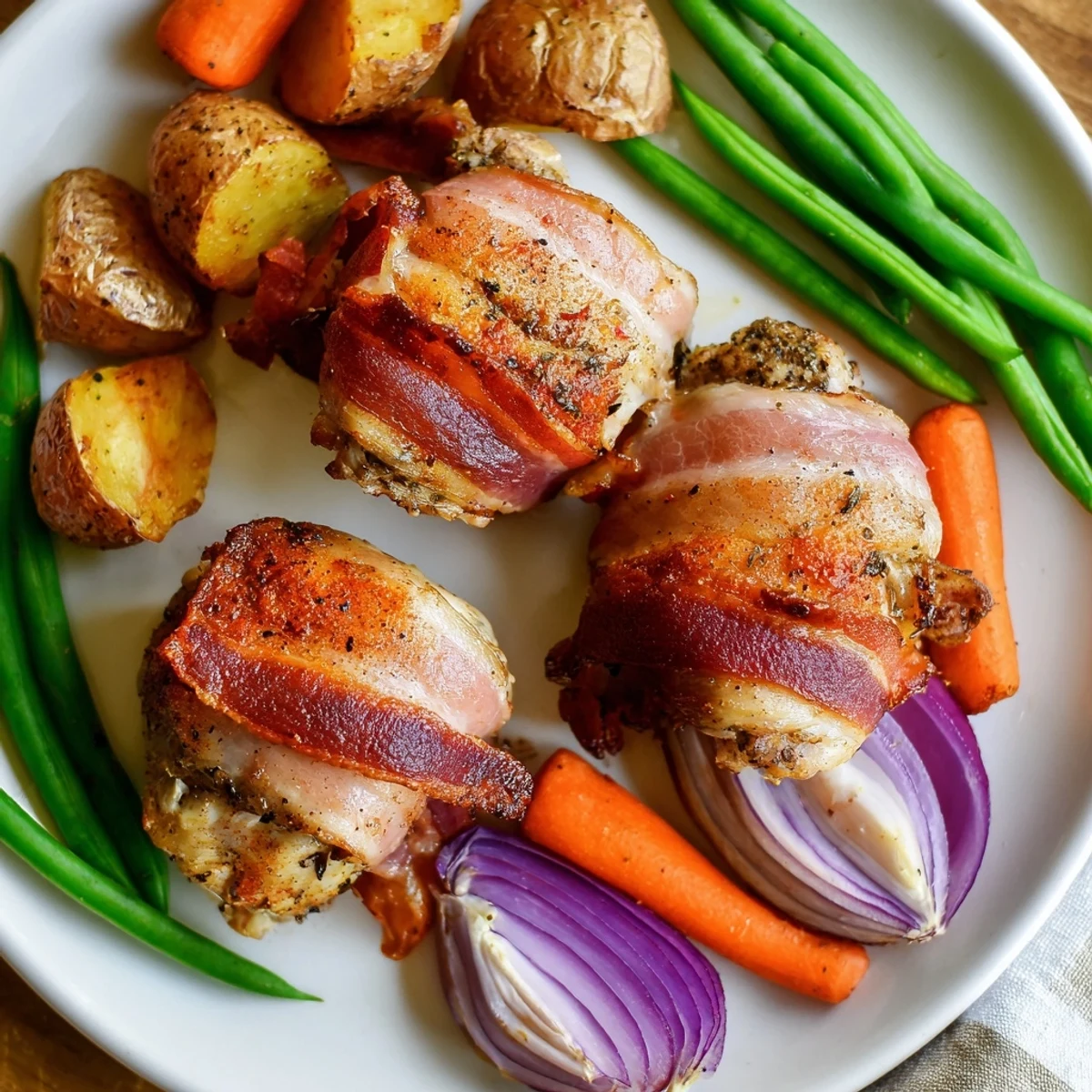 Crispy bacon encases juicy chicken thighs atop roasted potatoes carrots and green beans