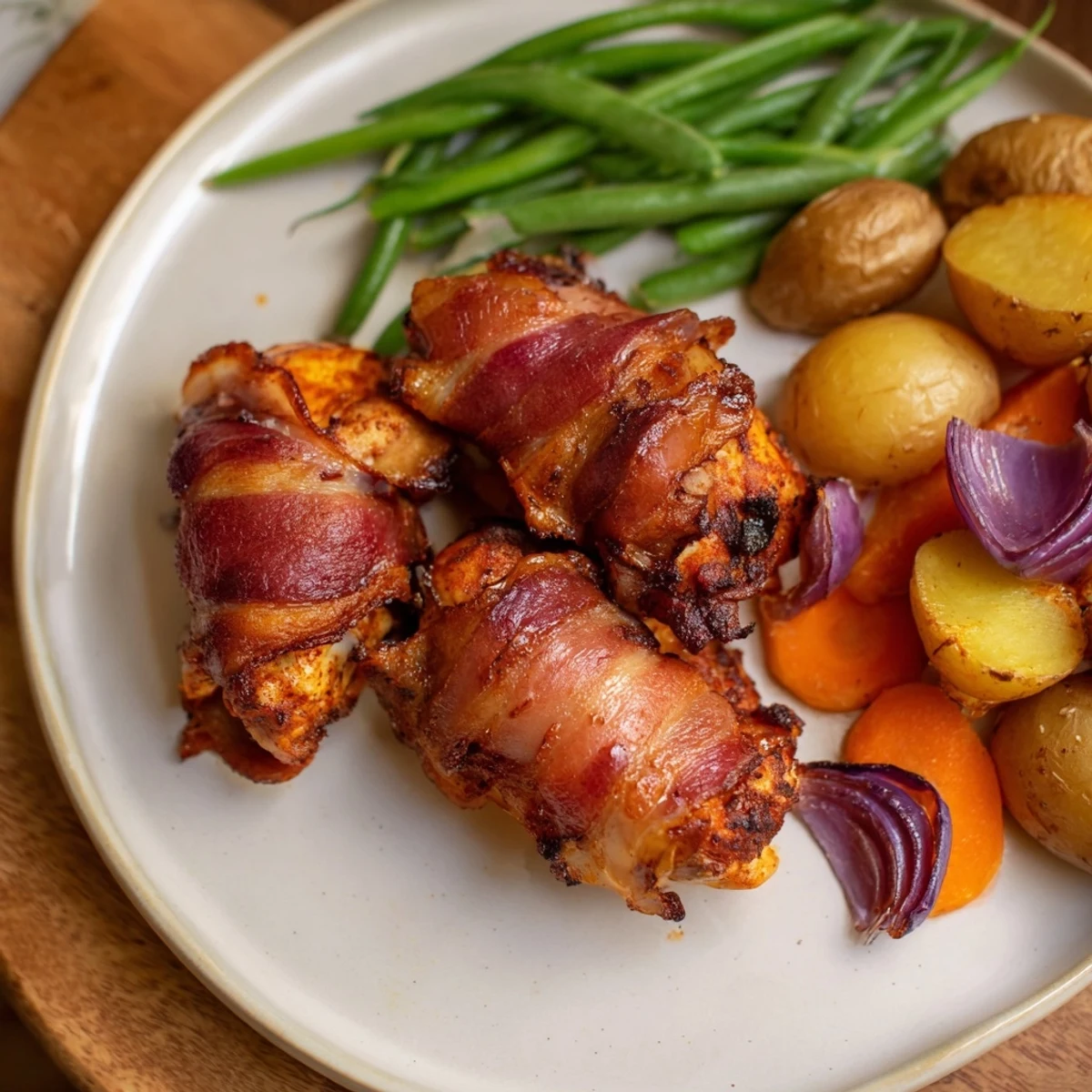 Oven baked bacon wrapped chicken thighs served with tender root vegetables and fresh herbs