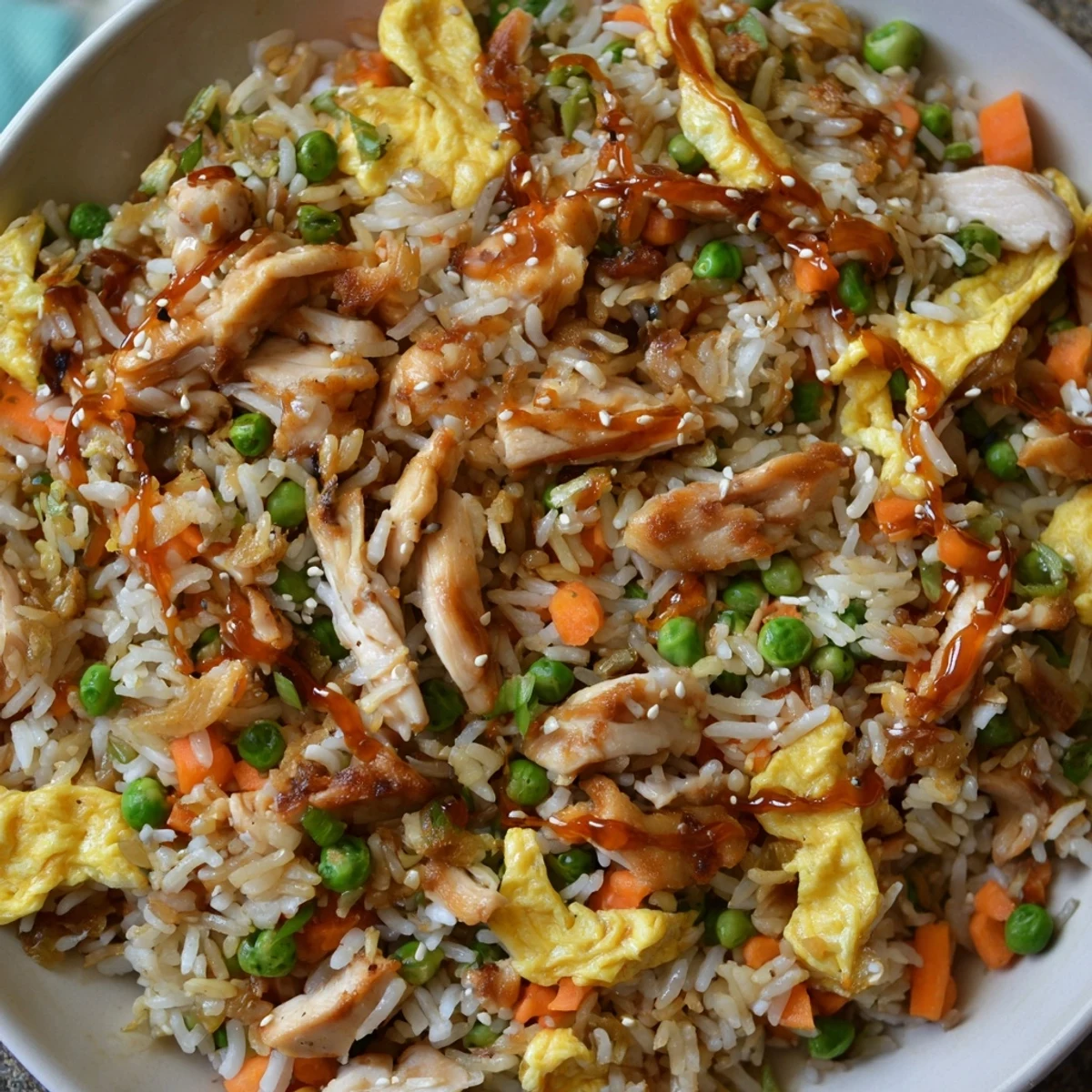 Golden chicken fried rice topped with delicate egg omelette ribbons in a white bowl