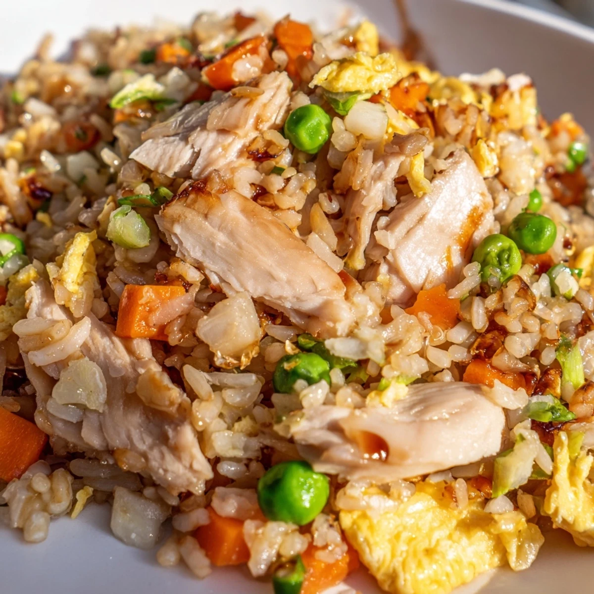 Steamy plate of chicken fried rice featuring colorful vegetables and golden egg omelette strips