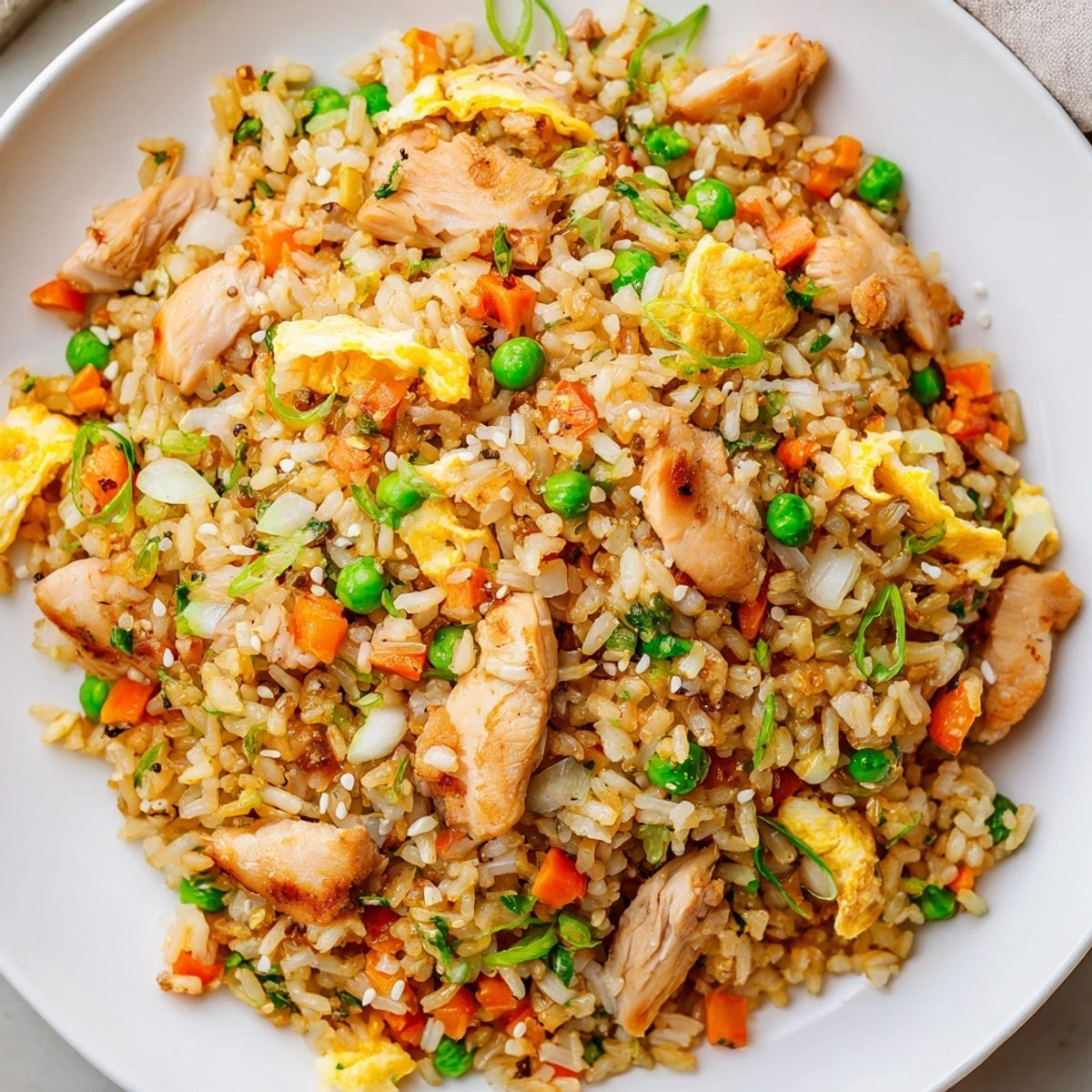 Savory stir-fried chicken fried rice garnished with sliced egg omelette and fresh scallions