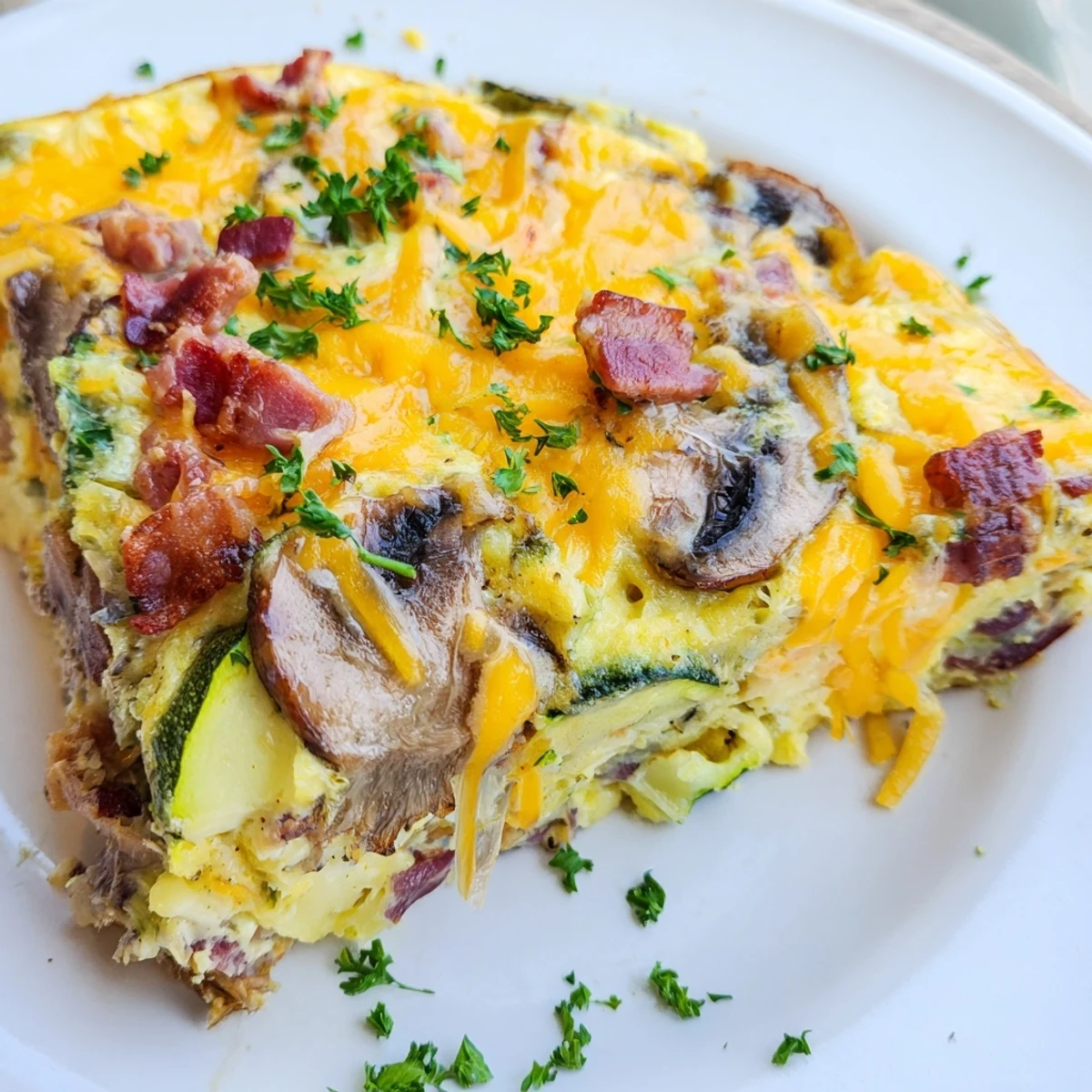 Golden mushroom zucchini and bacon family frittata served warm on a white ceramic plate with fresh parsley garnish