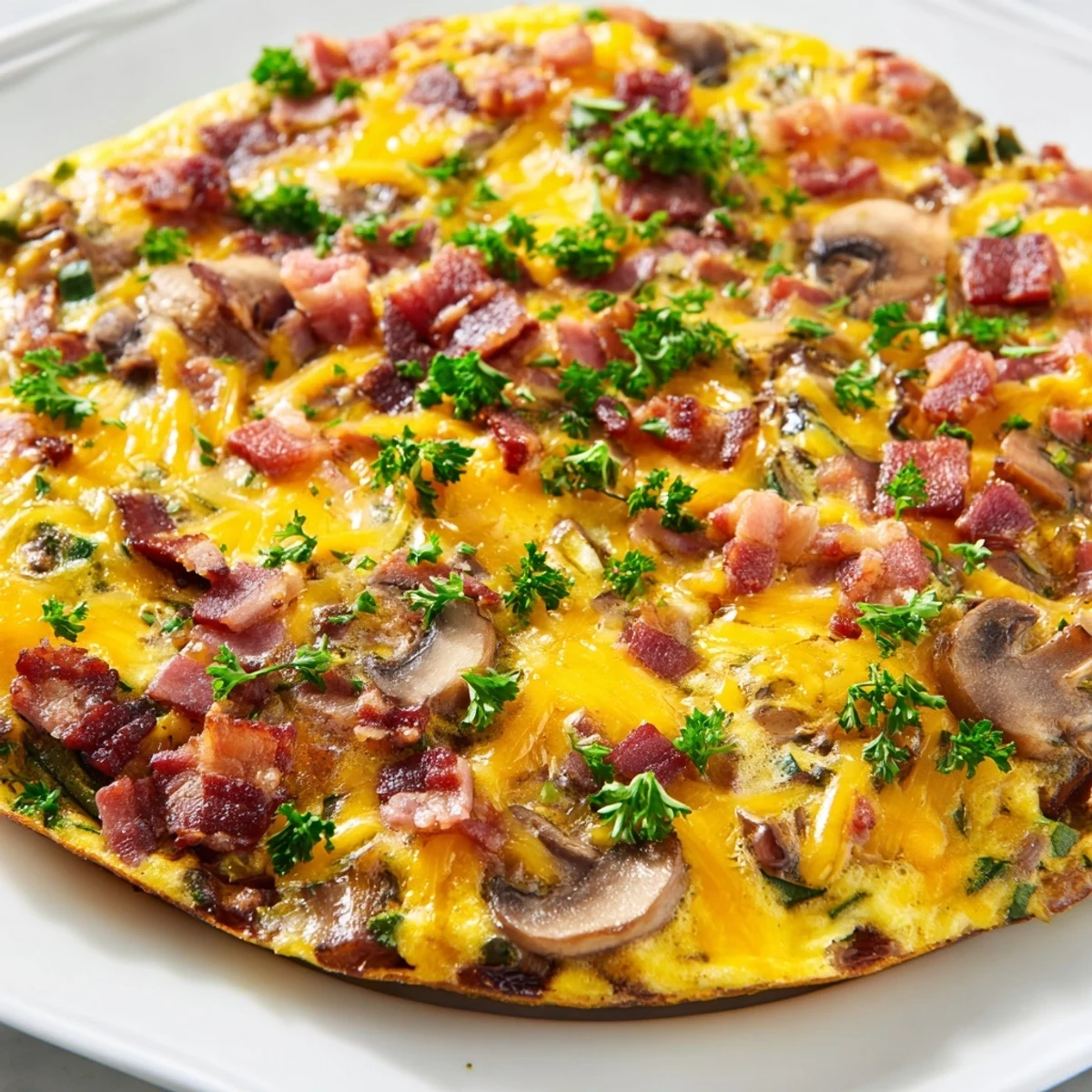 Sliced frittata displaying tender zucchini slices and smoky bacon pieces nestled in fluffy baked egg custard