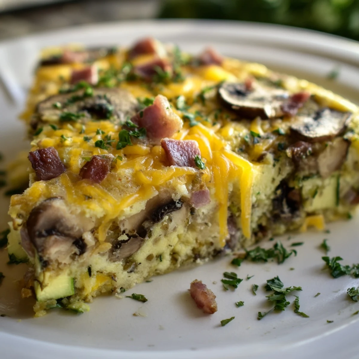 Oven-baked skillet frittata featuring melted cheese over earthy mushrooms crisp bacon and tender diced zucchini
