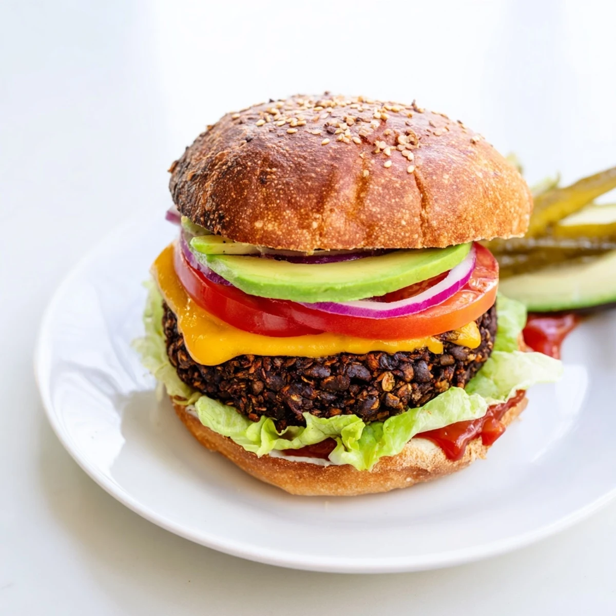 Hearty epic black bean burger stacked with fresh avocado, tomato, and melted cheddar on a toasted bun
