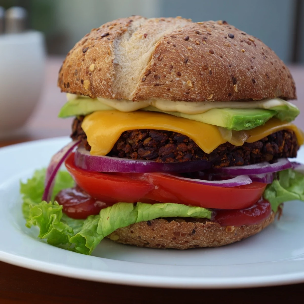 Homemade epic black bean burger served on a plate with sweet potato fries and pickle slices on the side