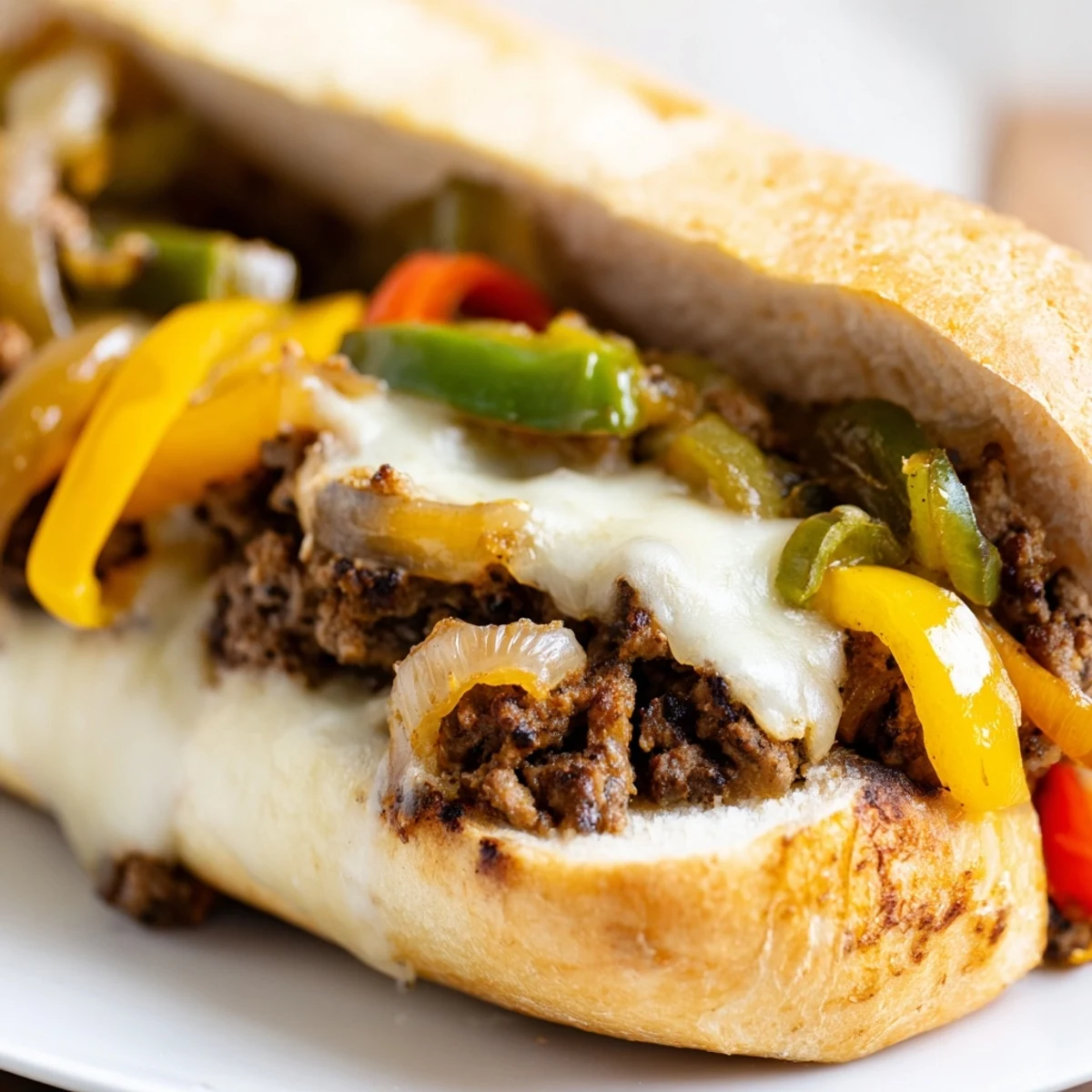 Savory ground beef cheesesteak sandwiches piled high with sautéed onions, peppers, and gooey cheese in buttered rolls