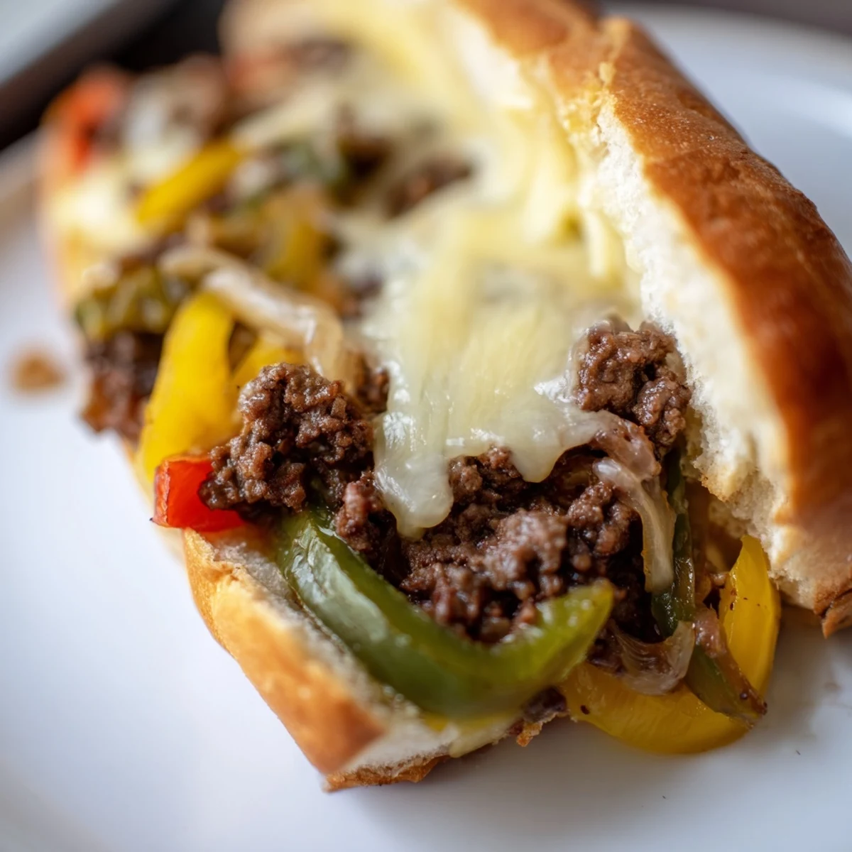 Golden ground beef Philly cheesesteaks overflowing with melted provolone and caramelized peppers on toasted hoagie rolls