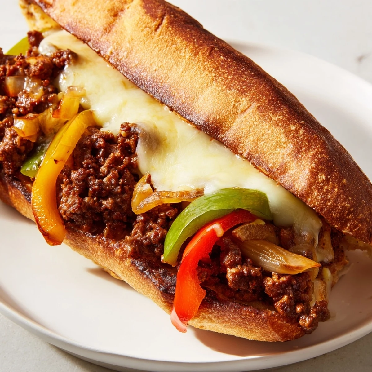 Hearty ground beef Philly cheesesteak with seasoned meat, colorful vegetables, and melted provolone on a crisp toasted bun