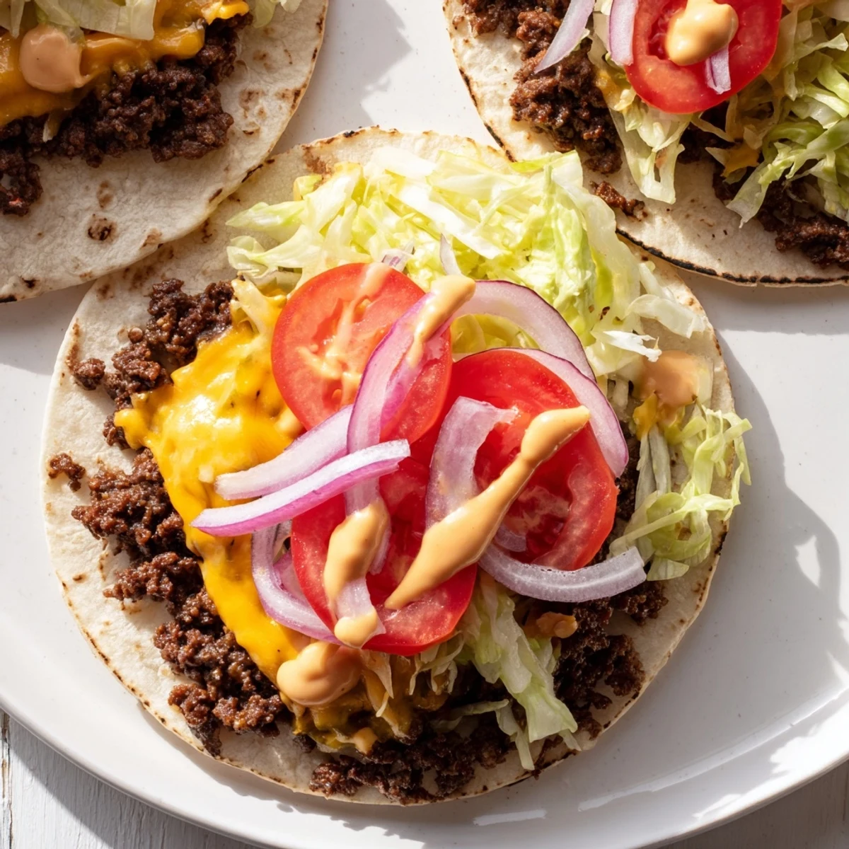 Juicy beef smash burger tacos loaded with lettuce, tomatoes, pickles, and zesty special sauce