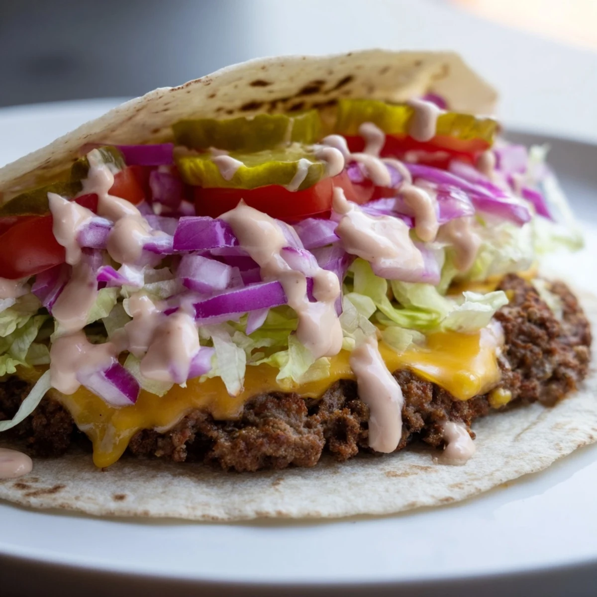 Crispy-edged American smash burger tacos in flour tortillas topped with melted cheddar and crisp vegetables