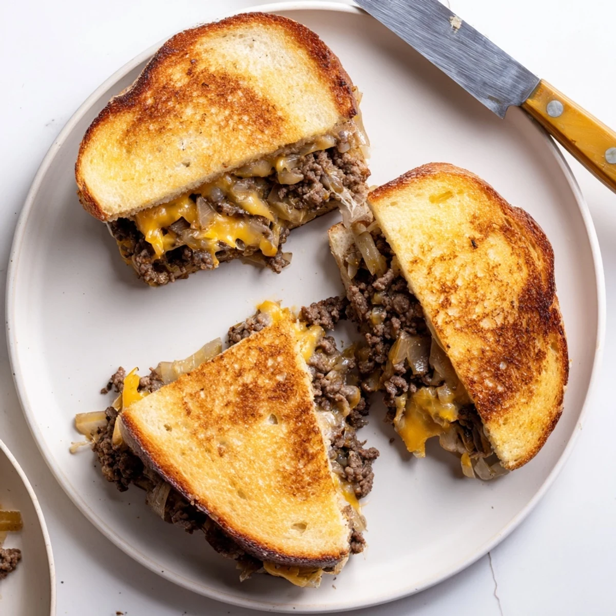 Golden toasted cheesy ground beef melt sandwich oozing melted cheddar and mozzarella