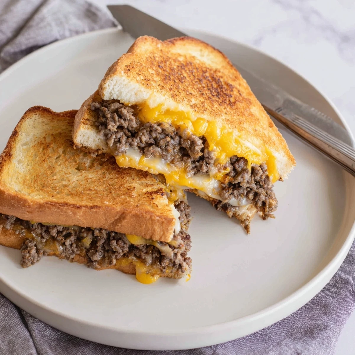 Savory ground beef and onion stuffed melt grilled until crispy and bubbling hot