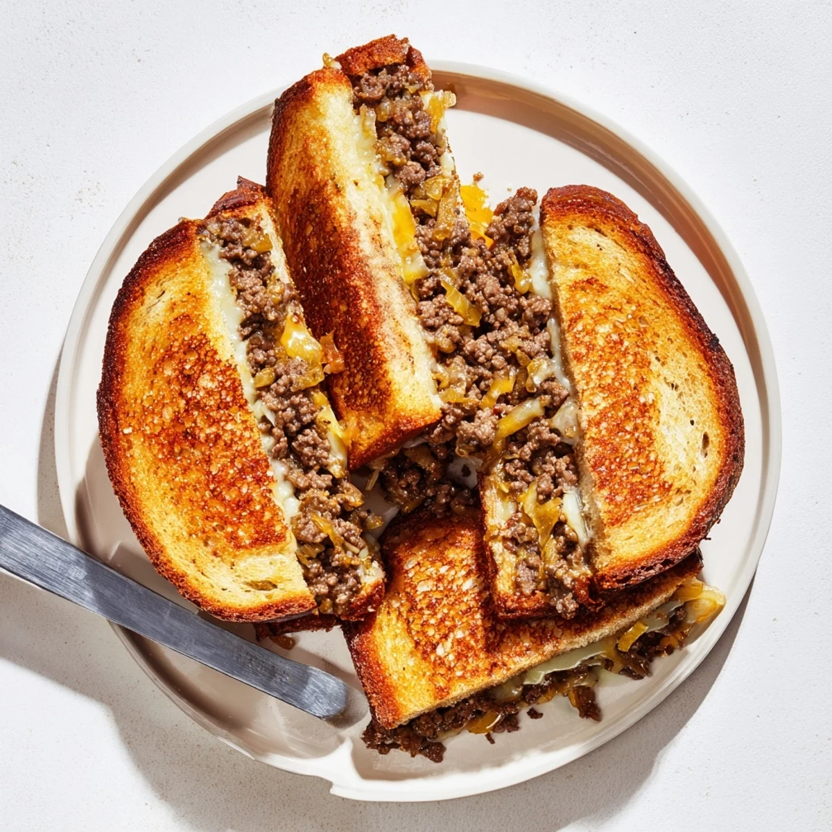 Ultimate cheesy ground beef melt sliced diagonally showing seasoned beef layers and melted cheese