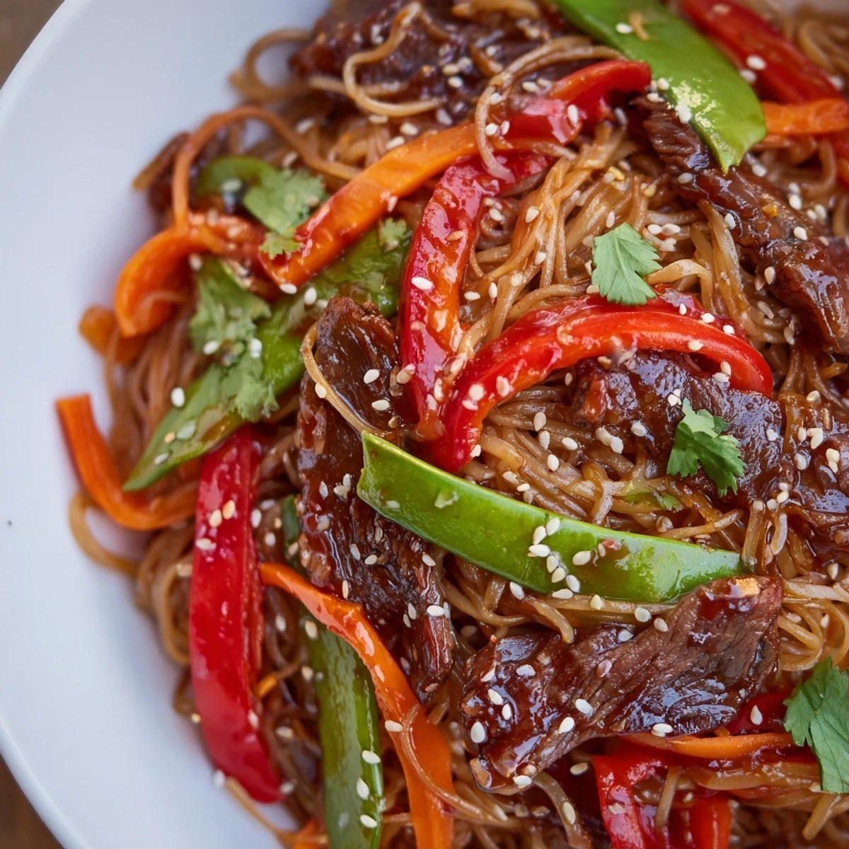 Glossy sticky beef noodles tossed with crisp vegetables in a sweet-savory dark sauce