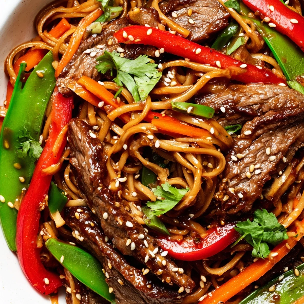 Steamy plate of sticky beef noodles garnished with sesame seeds and fresh cilantro sprigs