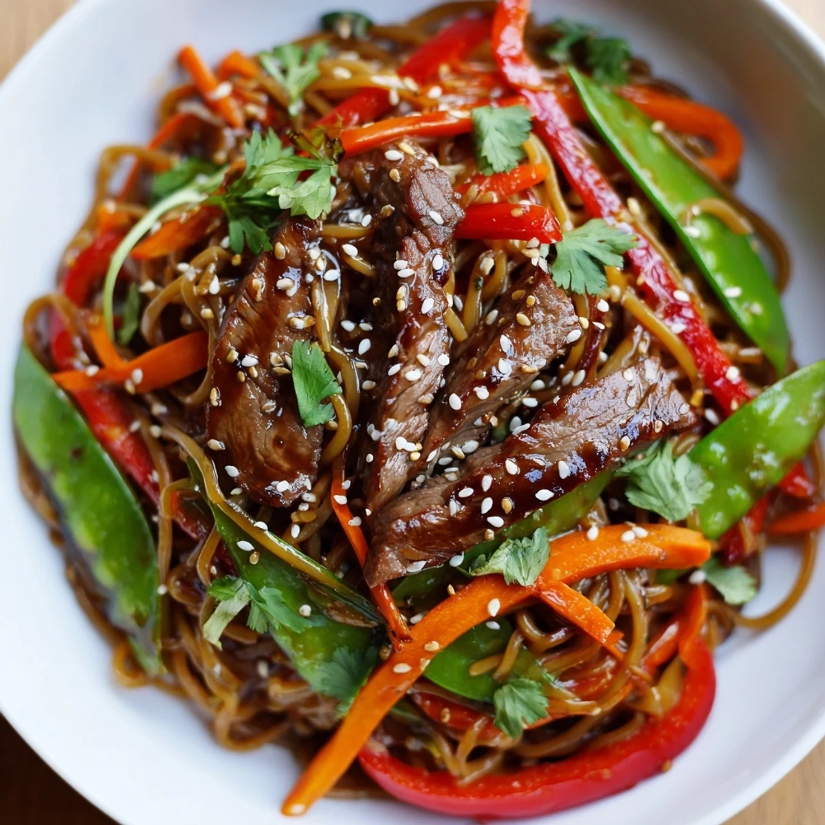 Tender beef strips coated in caramelized glaze served over chewy Asian noodles with colorful peppers