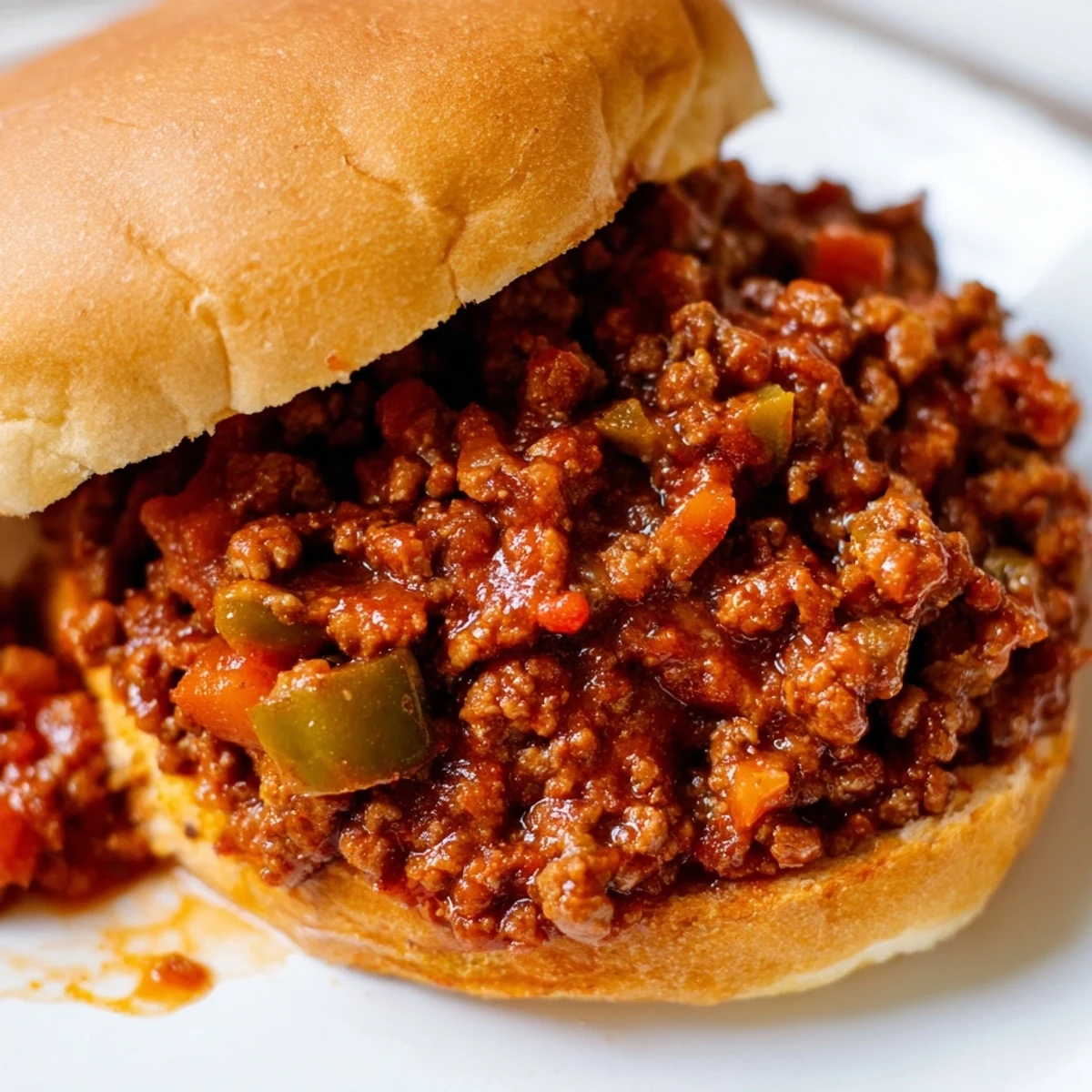 Hearty Sloppy Jores sandwich with savory ground beef mixture piled on toasted hamburger buns