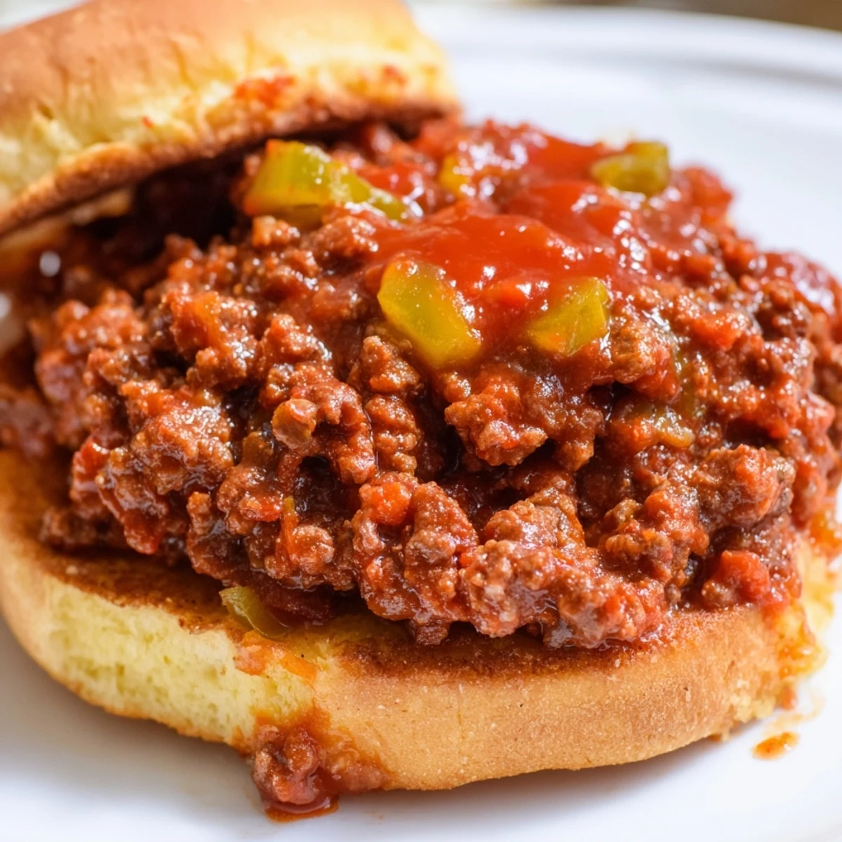 Classic Sloppy Joes featuring rich tomato beef sauce overflowing from soft golden bun halves