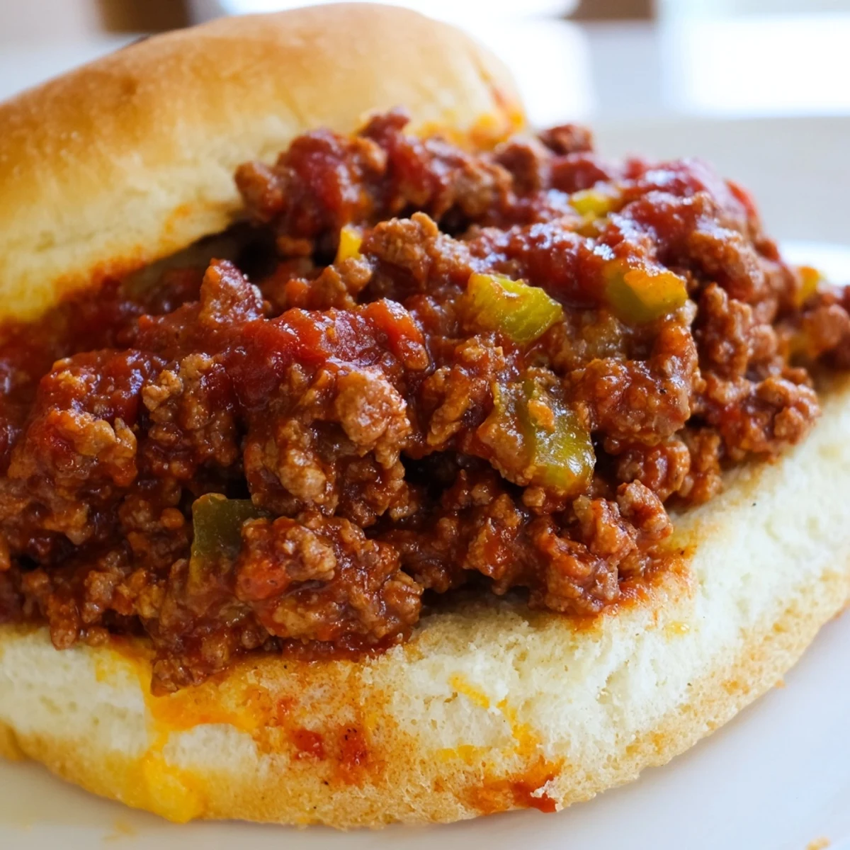Homemade Sloppy Jores with tangy seasoned ground beef and melted cheese on split buns