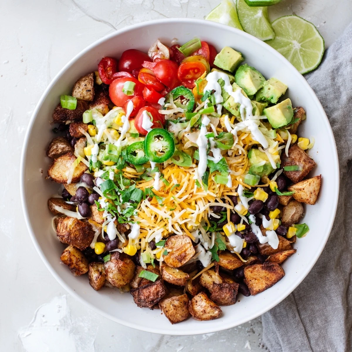 Golden roasted Loaded Fiesta Potato Bowls topped with melted cheddar, black beans, and fresh avocado