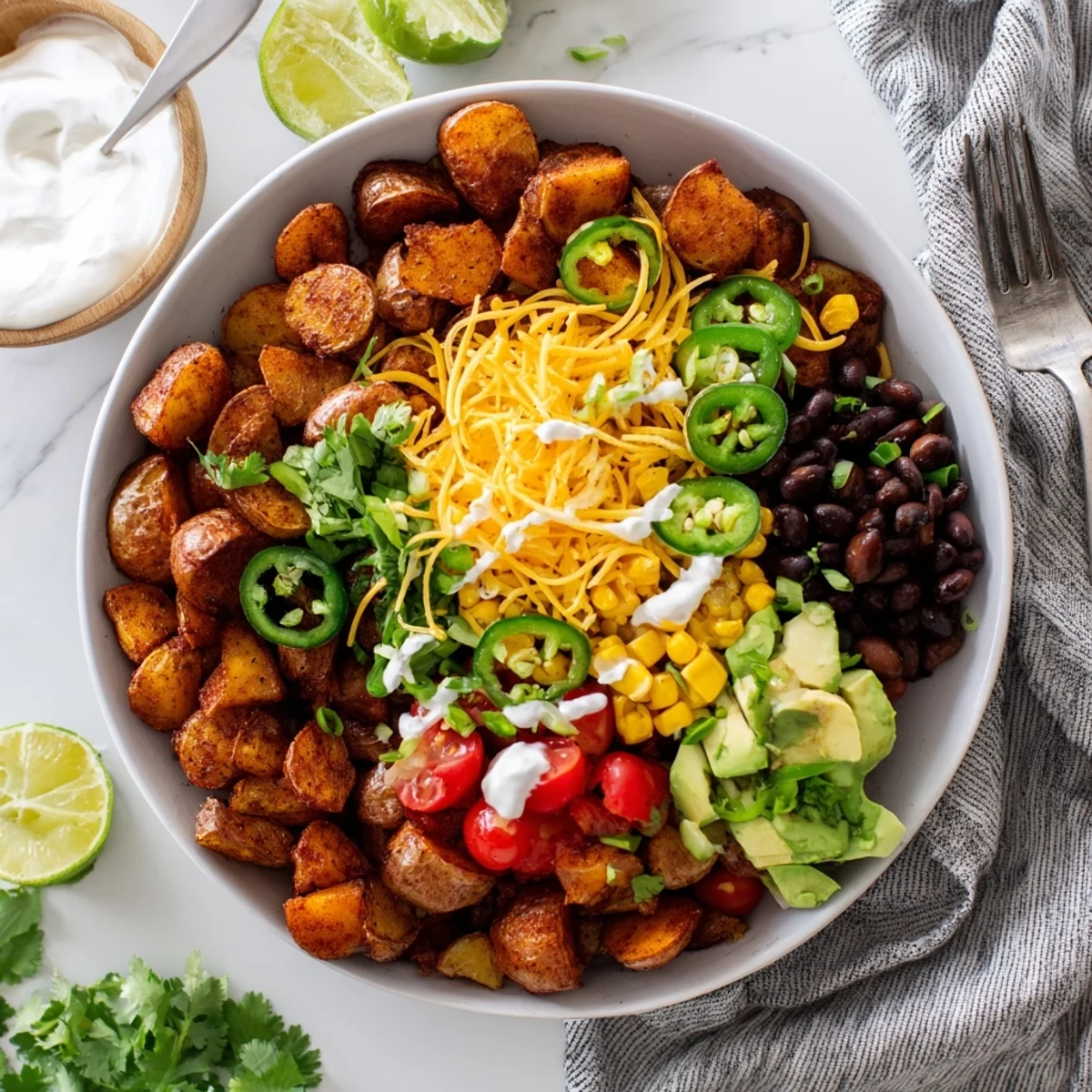Crispy spiced potatoes piled high with colorful Tex-Mex toppings in these Loaded Fiesta Potato Bowls