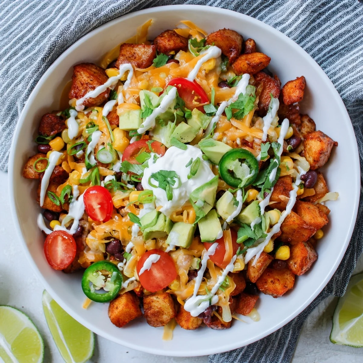 Hearty Loaded Fiesta Potato Bowls featuring cheesy potatoes, corn, tomatoes, and creamy sour cream drizzle