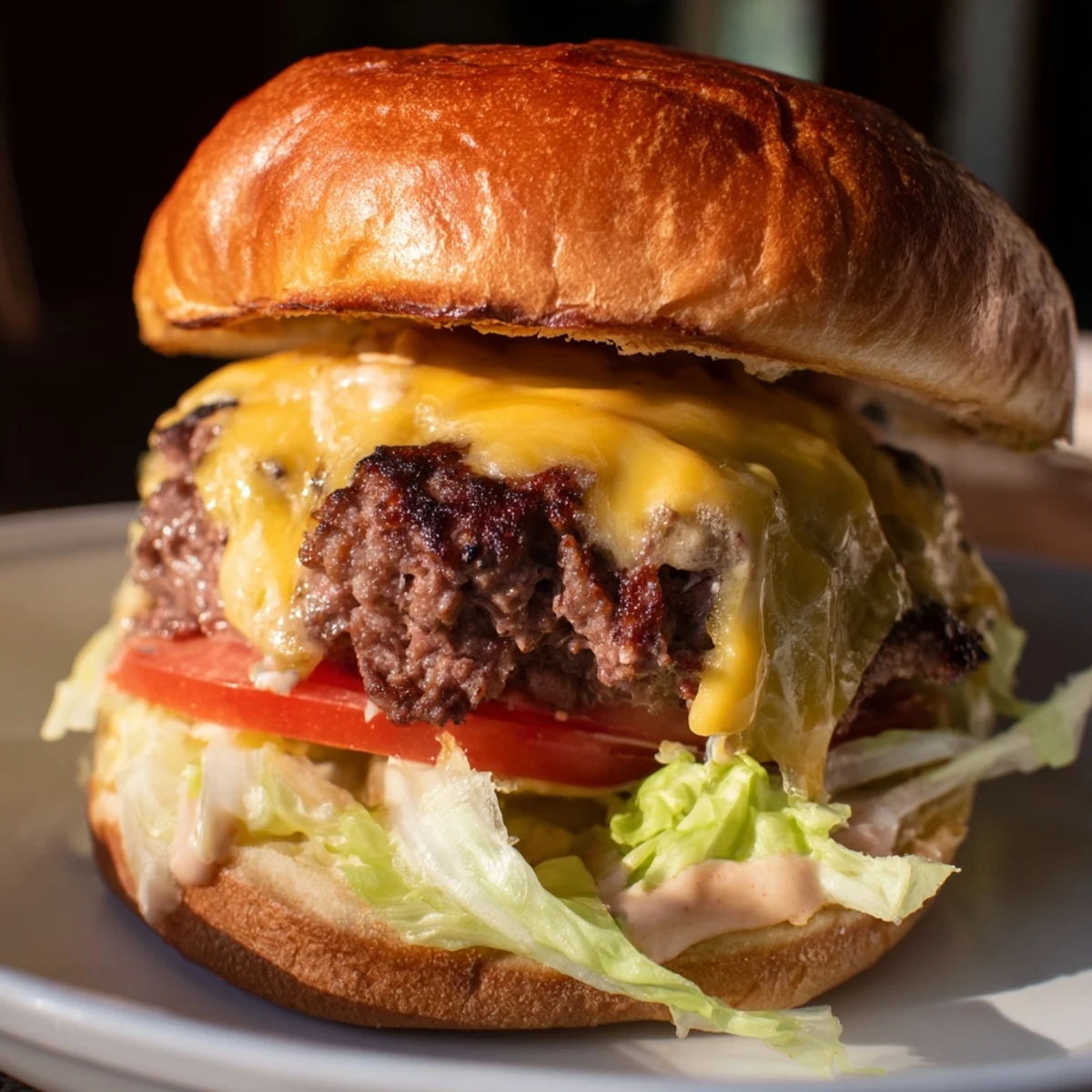 Juicy smash burger with crispy edges, melted cheese, and fresh vegetables on toasted brioche bun
