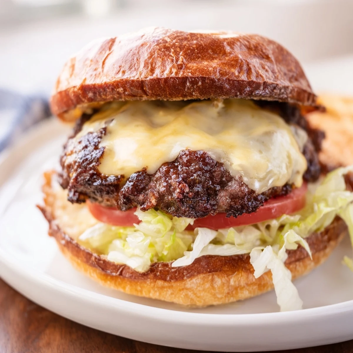 Homemade juicy smash burger stacked with tomato, pickles, and onions on golden buttered bun