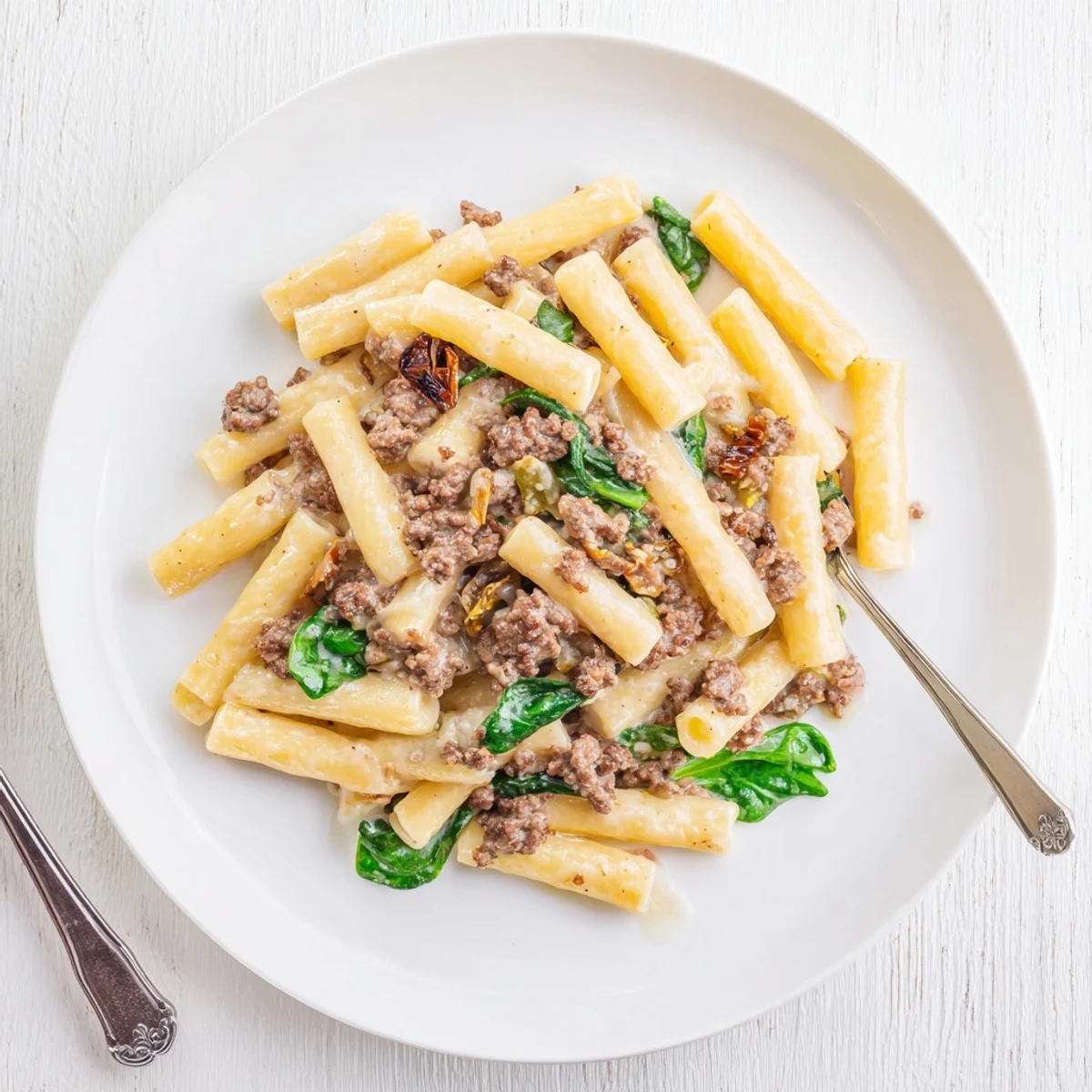 Golden brown ground beef pasta with sun-dried tomatoes in rich sauce garnished with fresh basil