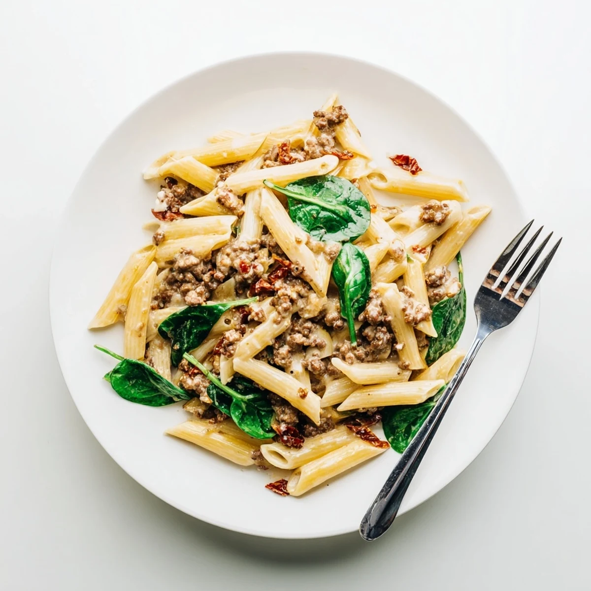 Creamy Marry Me ground beef pasta tossed with sun-dried tomatoes and parmesan in a white bowl