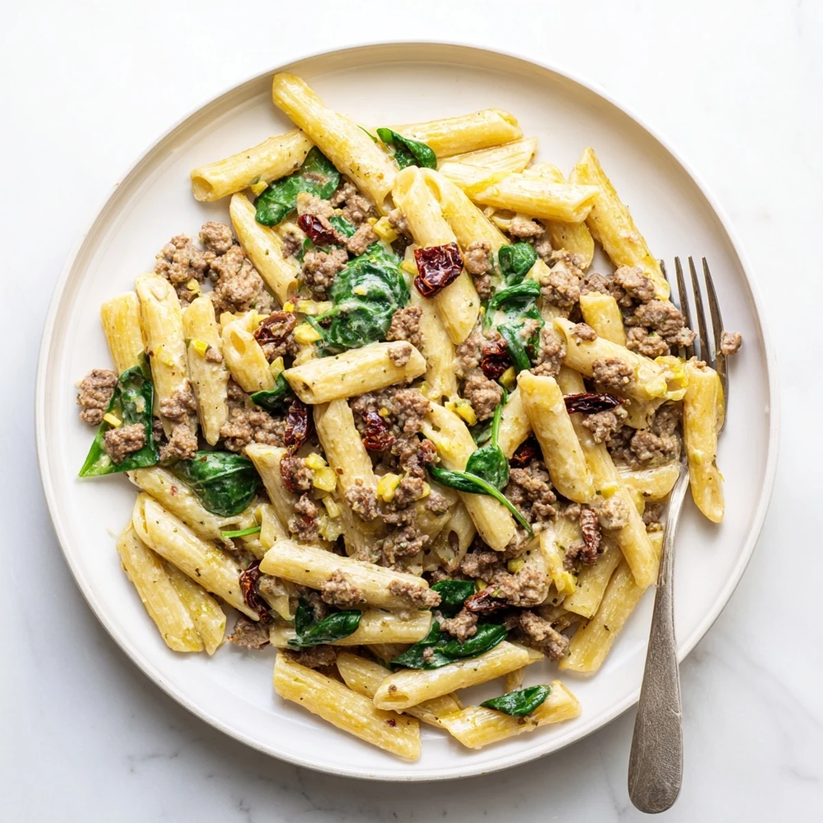 Steaming plate of Marry Me pasta featuring tender beef, sun-dried tomatoes, and spinach in cream sauce
