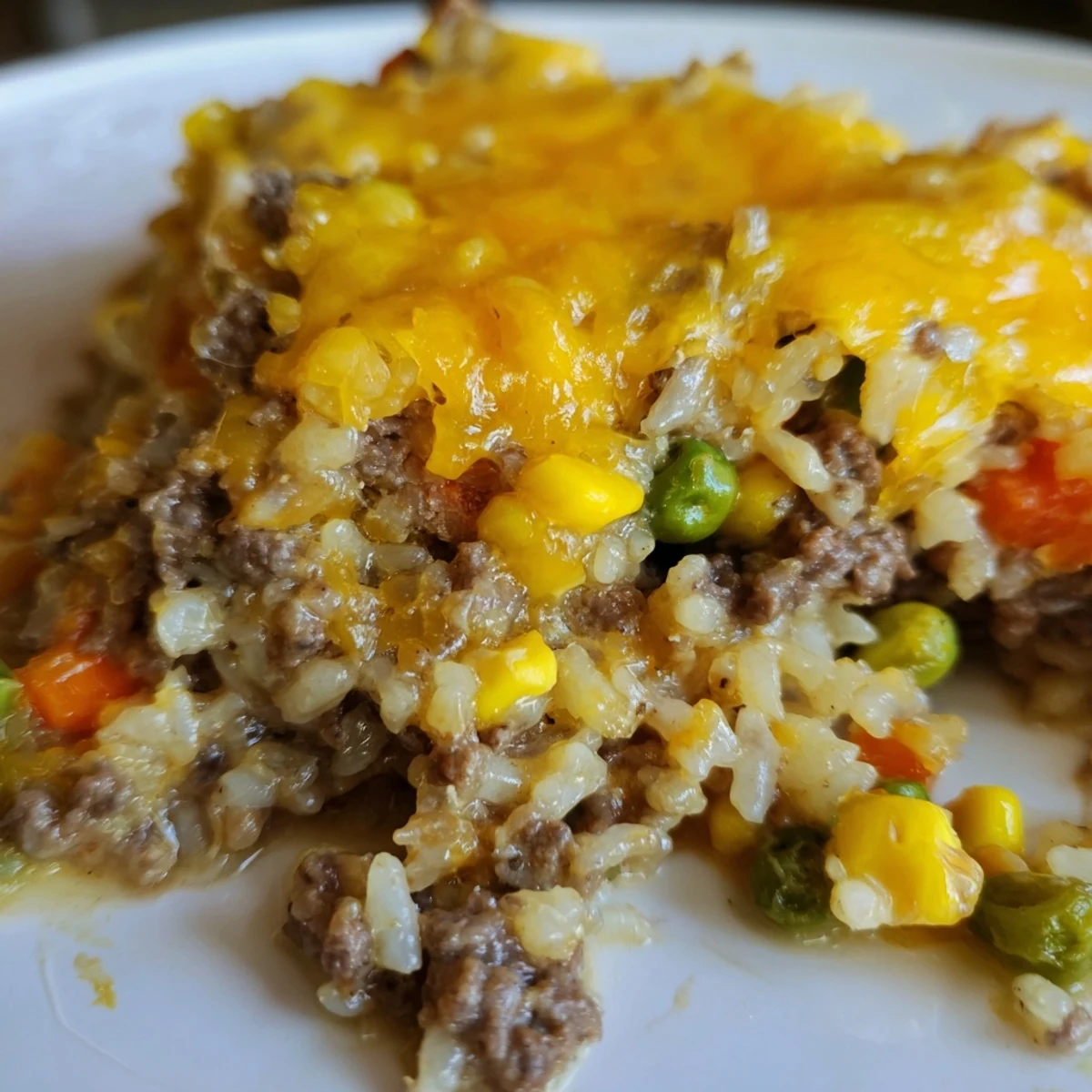Comforting ground beef and rice casserole serving spoonful showing tender beef and vegetables in creamy sauce