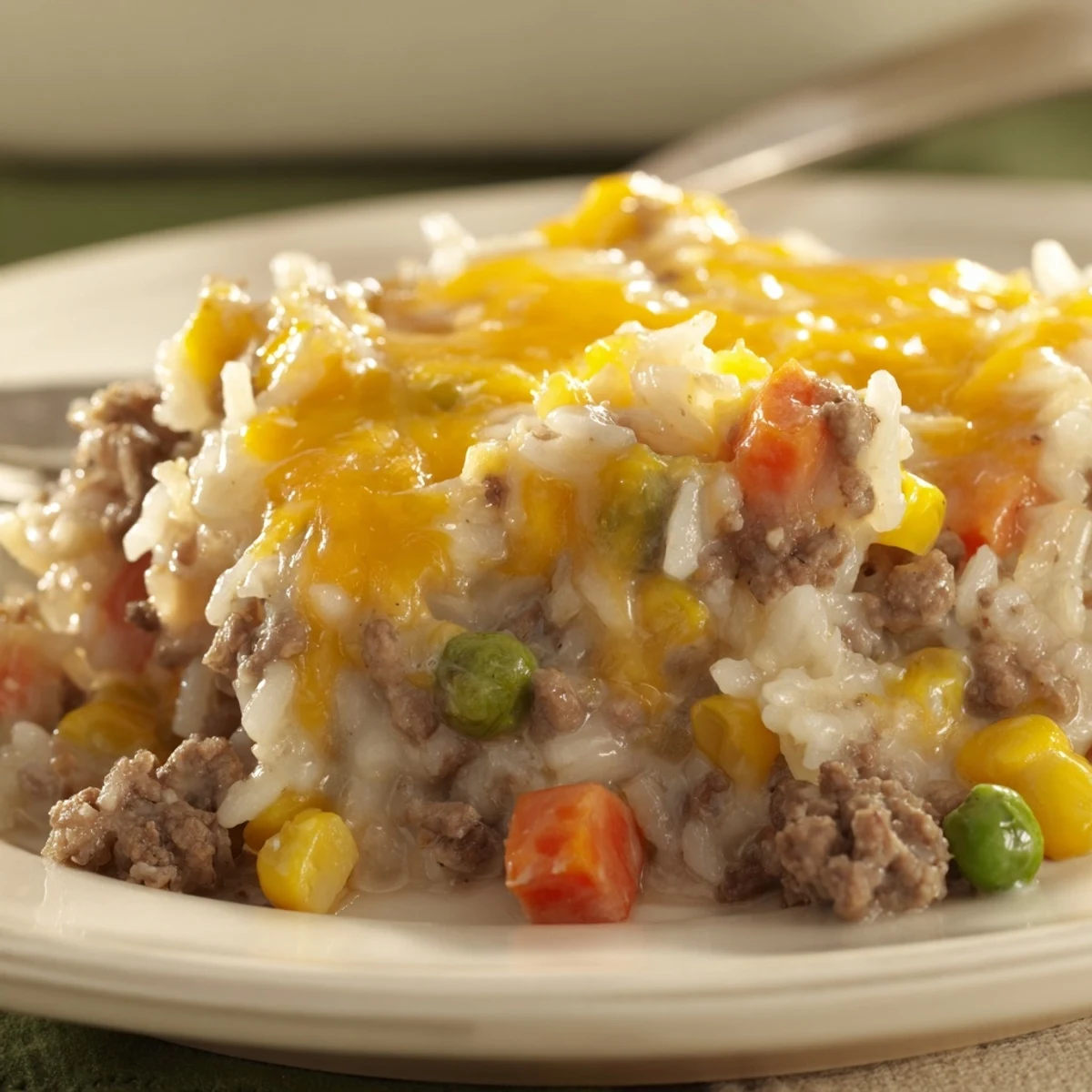 Family-friendly ground beef and rice casserole baked to golden perfection with shredded cheese and mixed vegetables