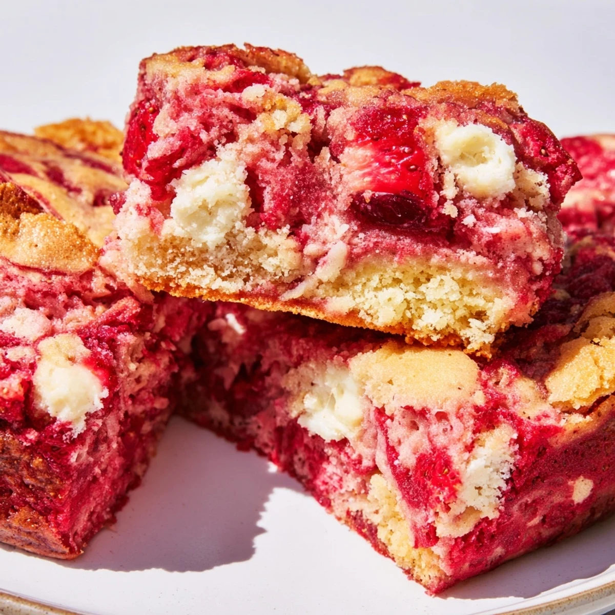 Decadent strawberry earthquake cake with gooey cream cheese swirls and cracked marbled texture