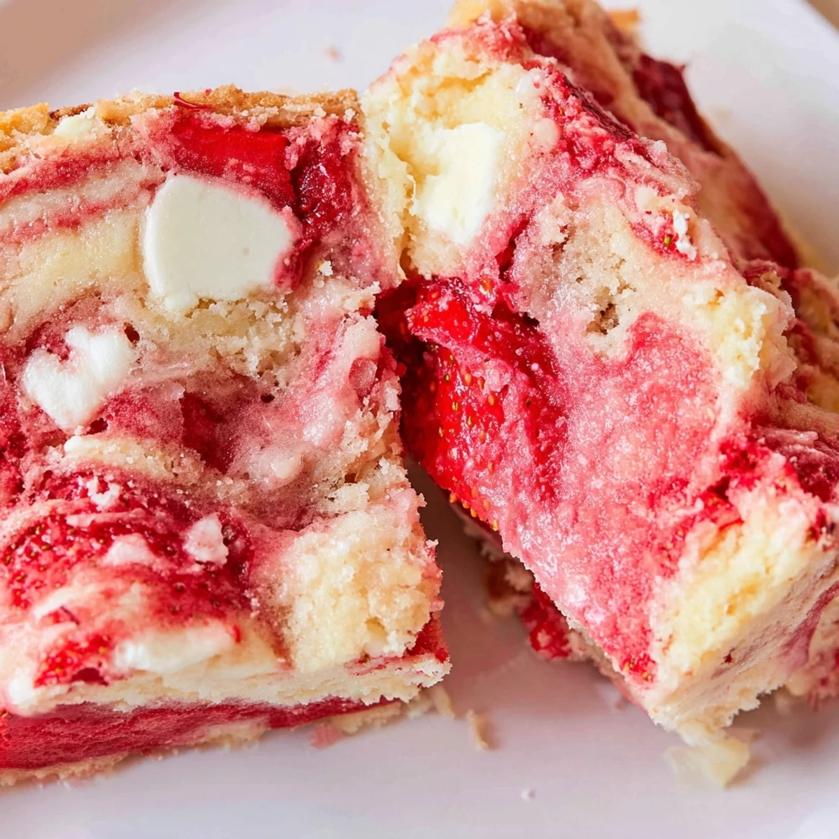 Warm slice of strawberry earthquake cake showing layered cream cheese and strawberry swirls