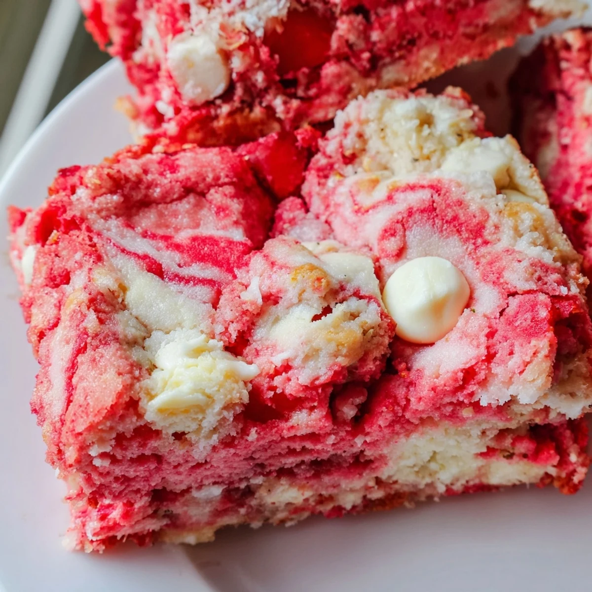 Gooey strawberry earthquake cake topped with cream cheese, coconut, and white chocolate chips