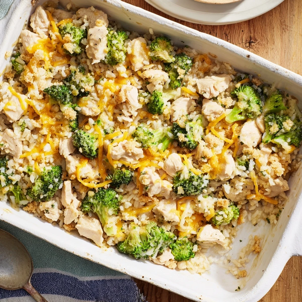 Golden chicken broccoli rice cheese casserole with bubbly melted cheddar topping and buttery breadcrumbs