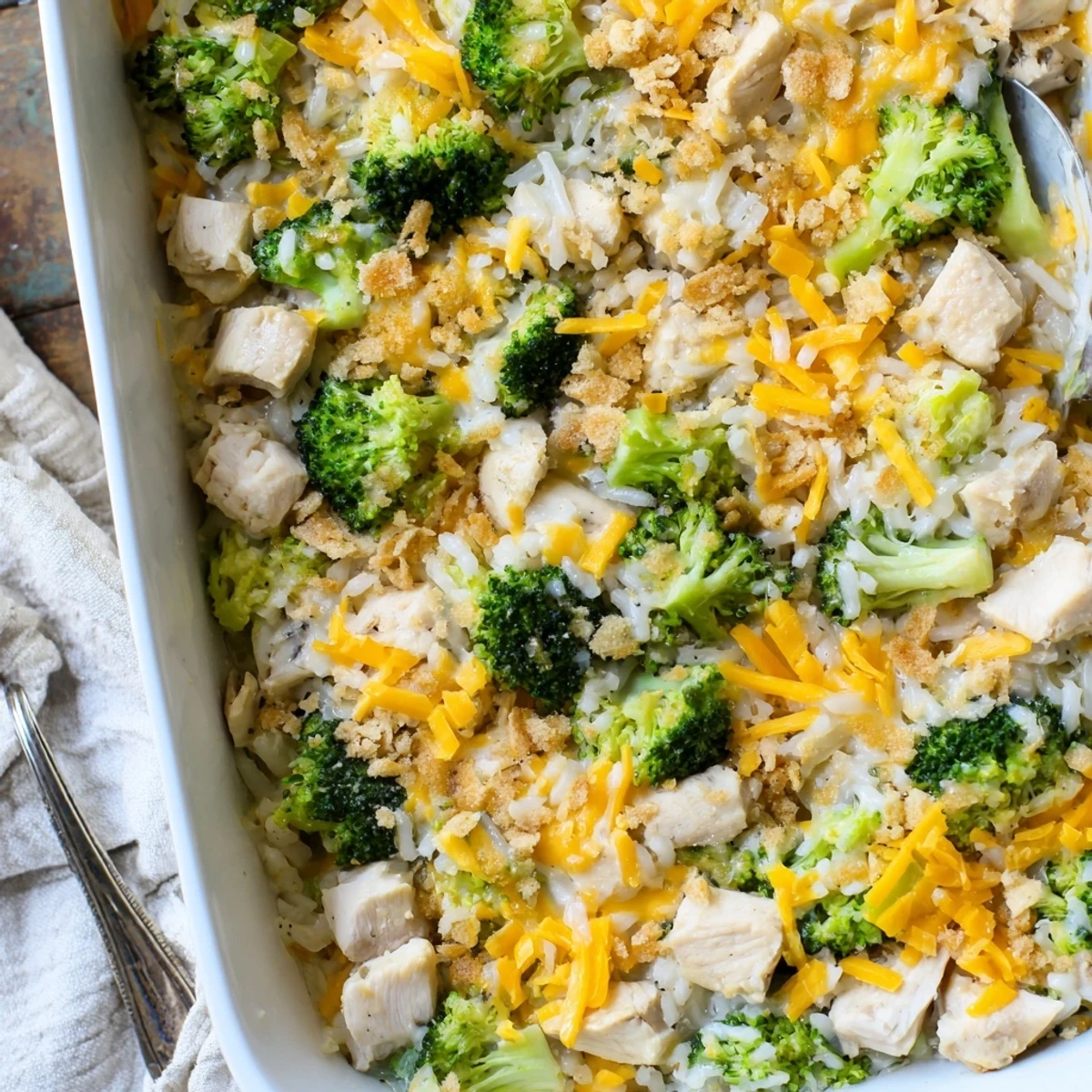 Creamy chicken broccoli rice cheese casserole baked in a white rectangular serving dish