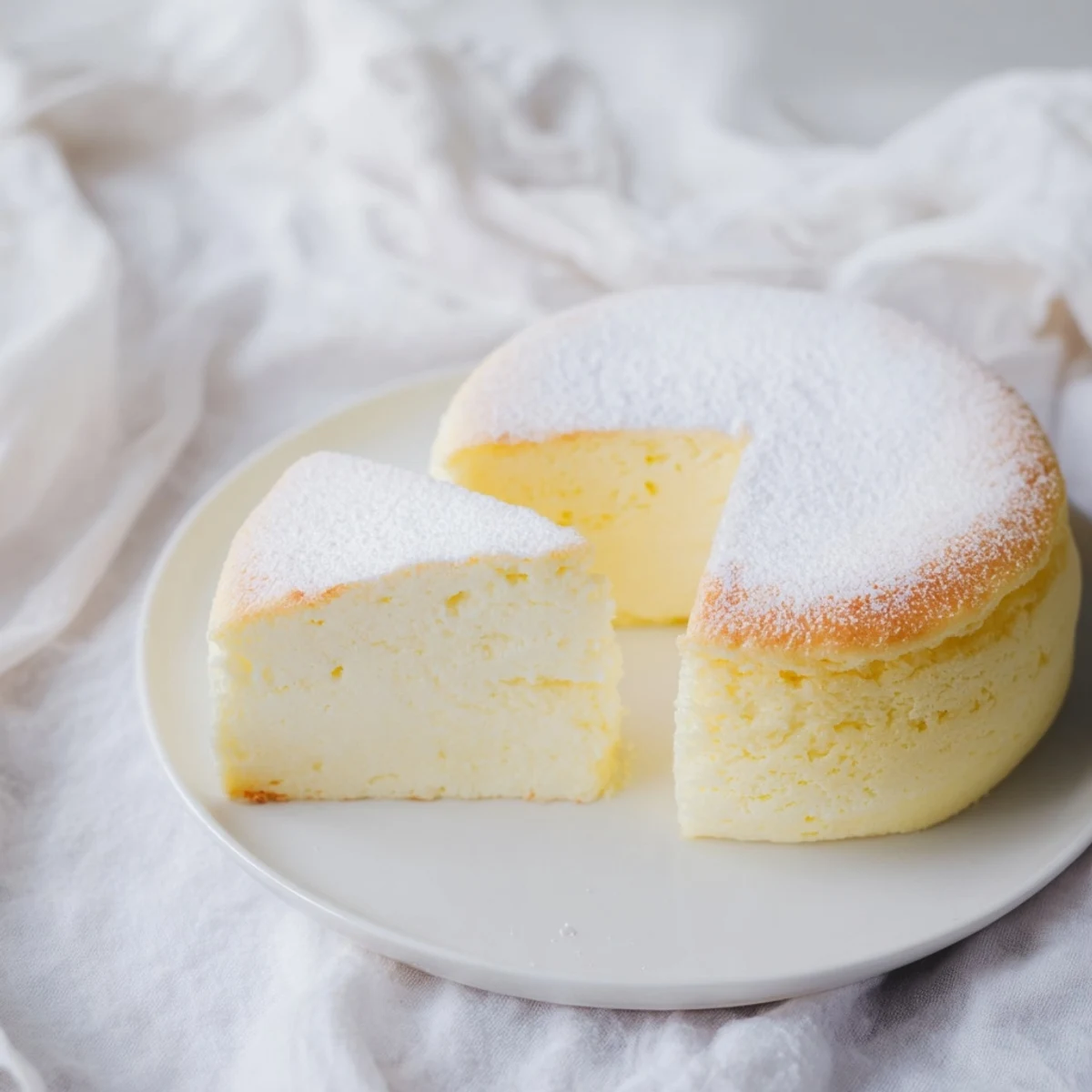 Golden fluffy Japanese cheesecake with a cloudlike soufflé texture, dusted with powdered sugar on a white plate.